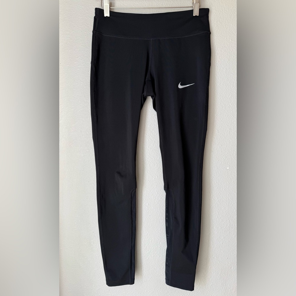 Nike Dri-Fit Running Leggings Black Mesh Calf Womens Size S Drawstring